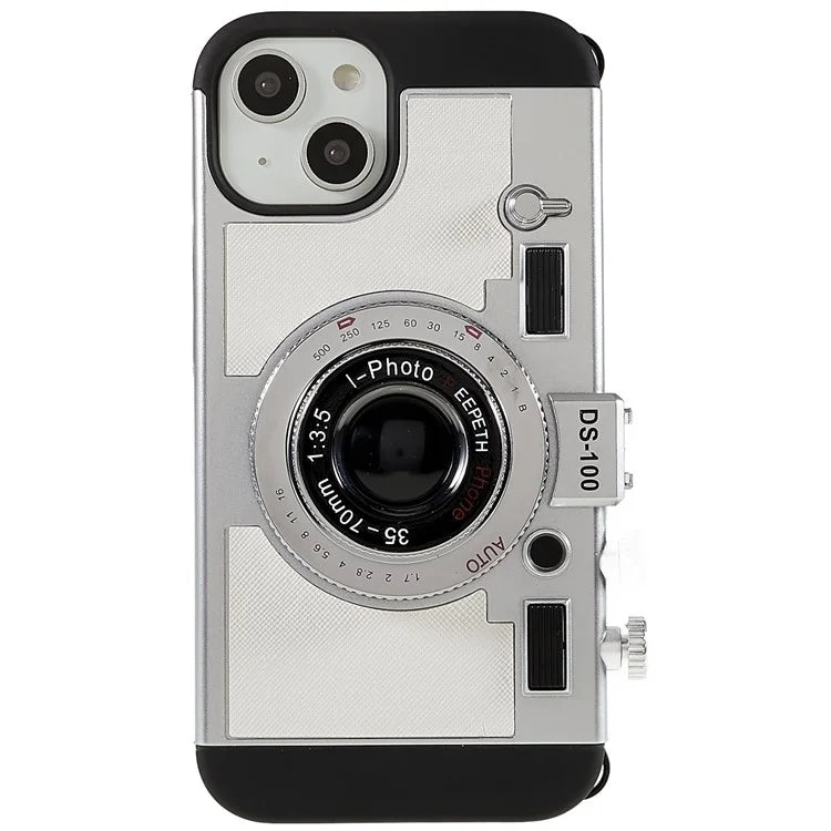 For iPhone 15 Plus Phone Case Vintage Style Camera Design Bump Proof Shell with Crossbody Strap