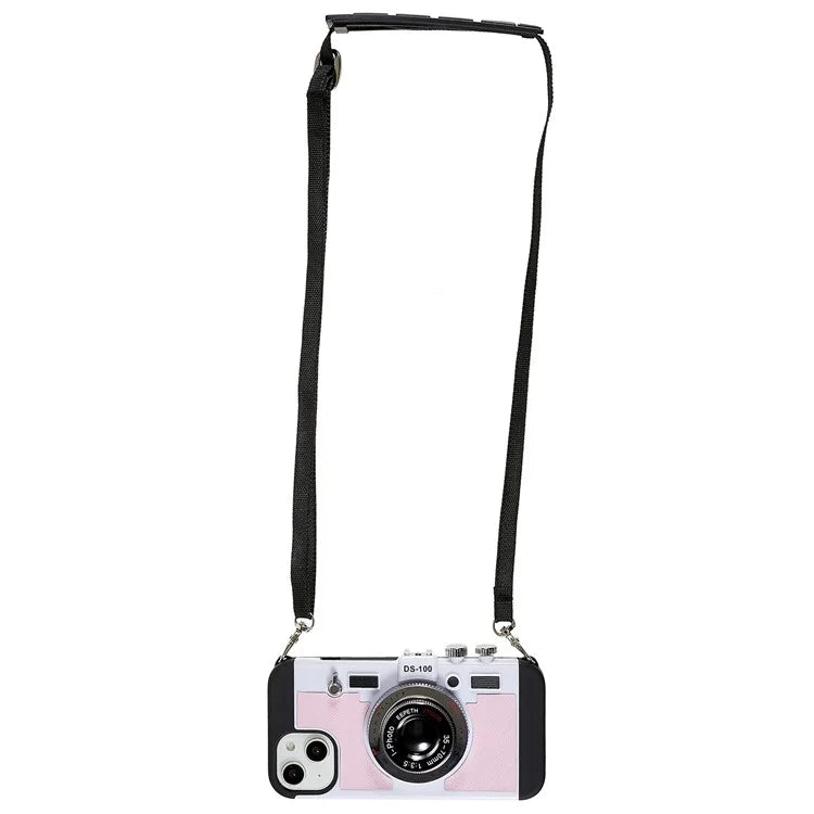 For iPhone 15 Plus Phone Case Vintage Style Camera Design Bump Proof Shell with Crossbody Strap