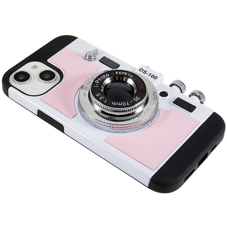 For iPhone 15 Plus Phone Case Vintage Style Camera Design Bump Proof Shell with Crossbody Strap