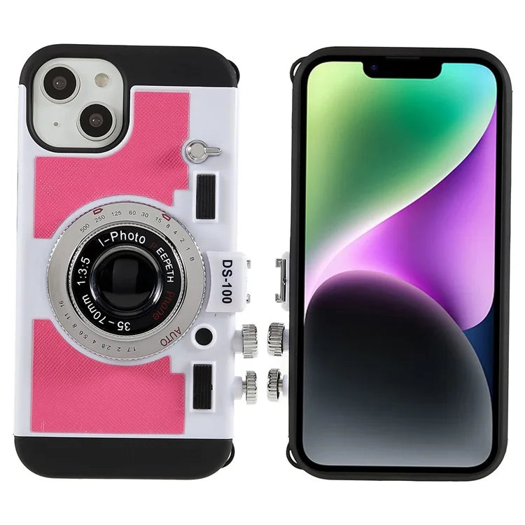 For iPhone 15 Plus Phone Case Vintage Style Camera Design Bump Proof Shell with Crossbody Strap