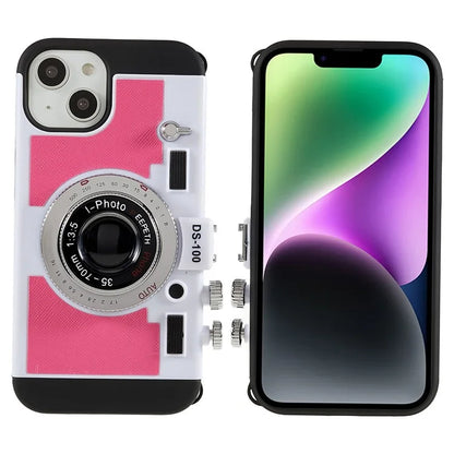 For iPhone 15 Plus Phone Case Vintage Style Camera Design Bump Proof Shell with Crossbody Strap