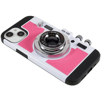 For iPhone 15 Plus Phone Case Vintage Style Camera Design Bump Proof Shell with Crossbody Strap