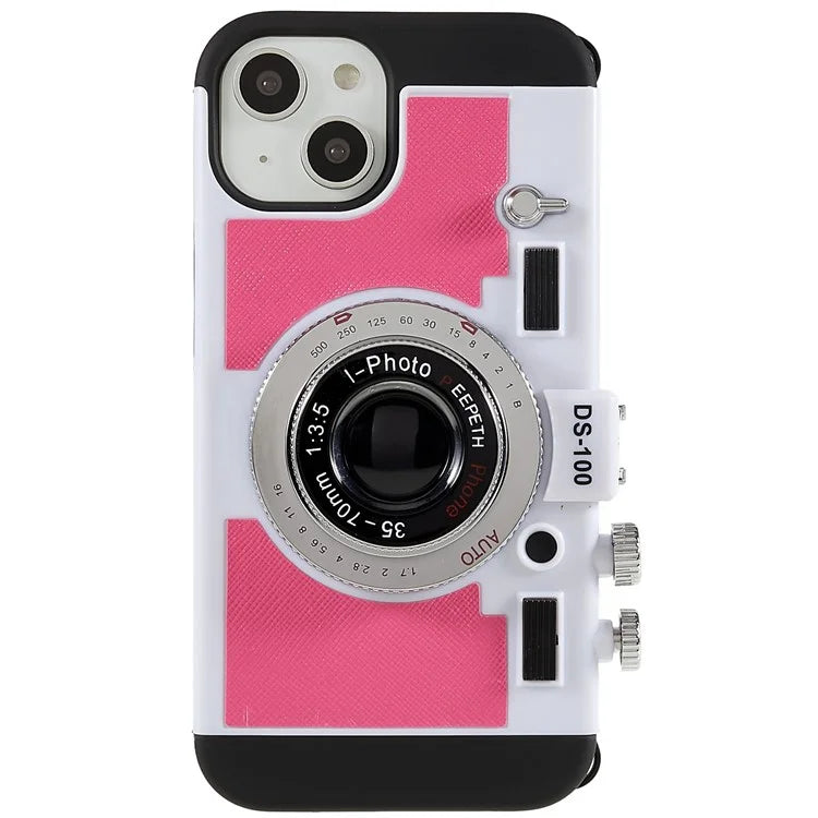 For iPhone 15 Plus Phone Case Vintage Style Camera Design Bump Proof Shell with Crossbody Strap