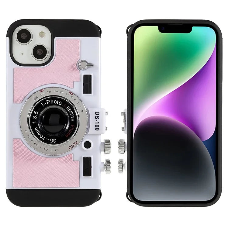For iPhone 15 Phone Case Camera Style PU Leather+TPU +PC Cover with Lanyard