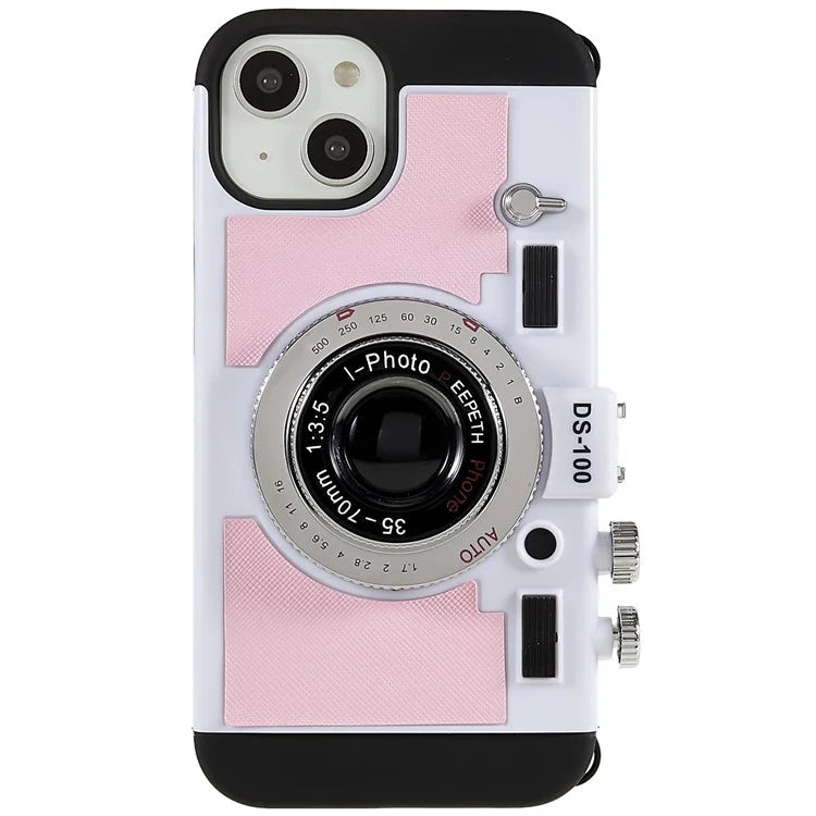 For iPhone 15 Phone Case Camera Style PU Leather+TPU +PC Cover with Lanyard
