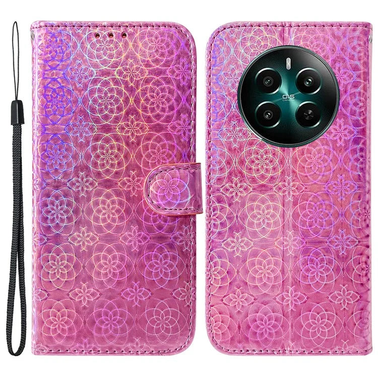 For Realme 12+ 5G / Narzo 70 Pro 5G Case Leather Phone Cover Dazzling Flower Pattern