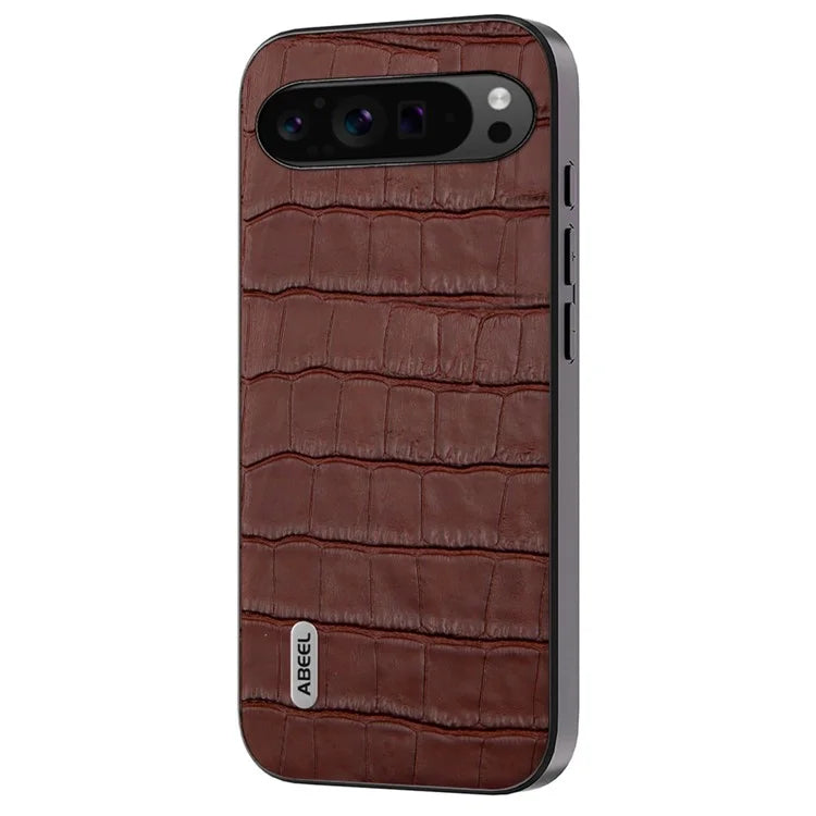 ABEEL For Google Pixel 9 Pro XL Phone Case Genuine Cow Leather+PC+TPU Hybrid Cover