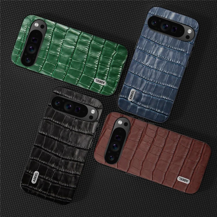 ABEEL For Google Pixel 9 Pro XL Phone Case Genuine Cow Leather+PC+TPU Hybrid Cover