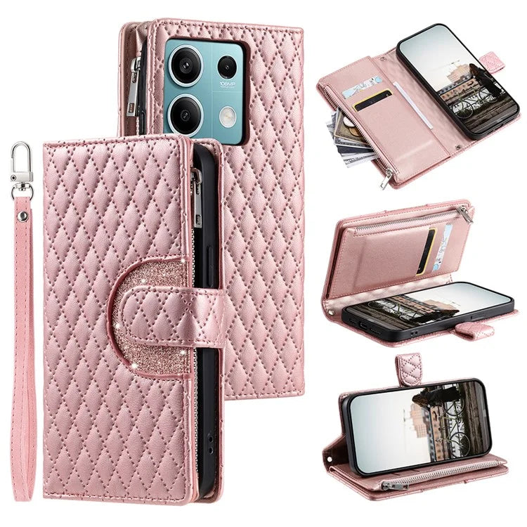Style 012 for Xiaomi Redmi Note 13 4G Leather Wallet Case Rhombus Zipper Pocket Phone Cover