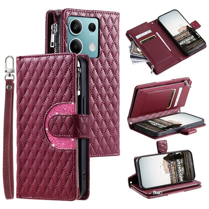 Style 012 for Xiaomi Redmi Note 13 4G Leather Wallet Case Rhombus Zipper Pocket Phone Cover