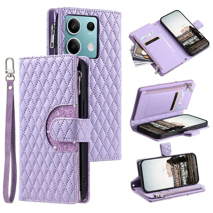 Style 012 for Xiaomi Redmi Note 13 4G Leather Wallet Case Rhombus Zipper Pocket Phone Cover