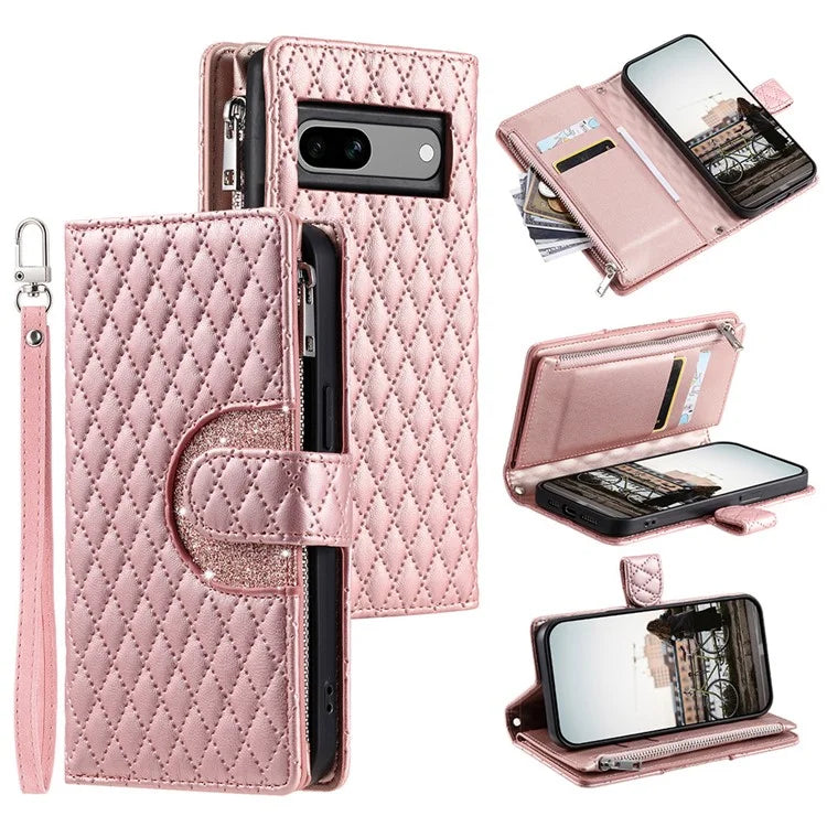 Style 012 for Google Pixel 8a Case Leather Glitter Design Phone Cover with Card Slots