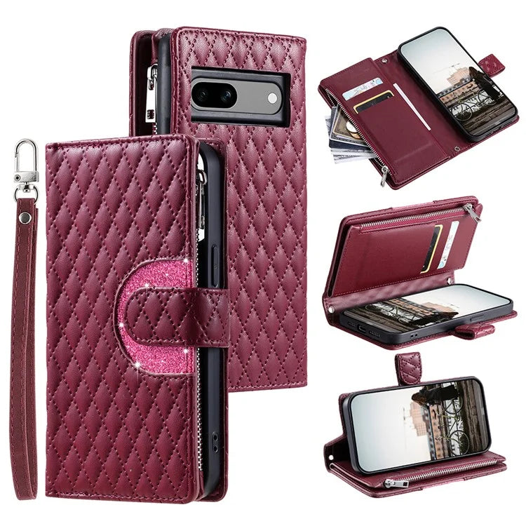 Style 012 for Google Pixel 8a Case Leather Glitter Design Phone Cover with Card Slots