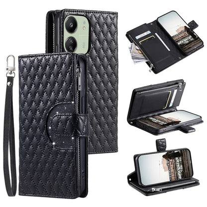 Style 012 for Xiaomi Redmi 13C 4G / 13C 5G / 13R 5G / Poco M6 5G / Poco C65 4G Case Glitter Design Wallet Phone Cover with Wrist Strap