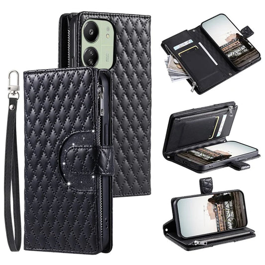 Style 012 for Xiaomi Redmi 13C 4G / 13C 5G / 13R 5G / Poco M6 5G / Poco C65 4G Case Glitter Design Wallet Phone Cover with Wrist Strap