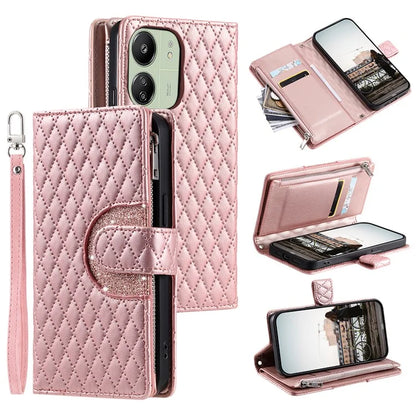 Style 012 for Xiaomi Redmi 13C 4G / 13C 5G / 13R 5G / Poco M6 5G / Poco C65 4G Case Glitter Design Wallet Phone Cover with Wrist Strap