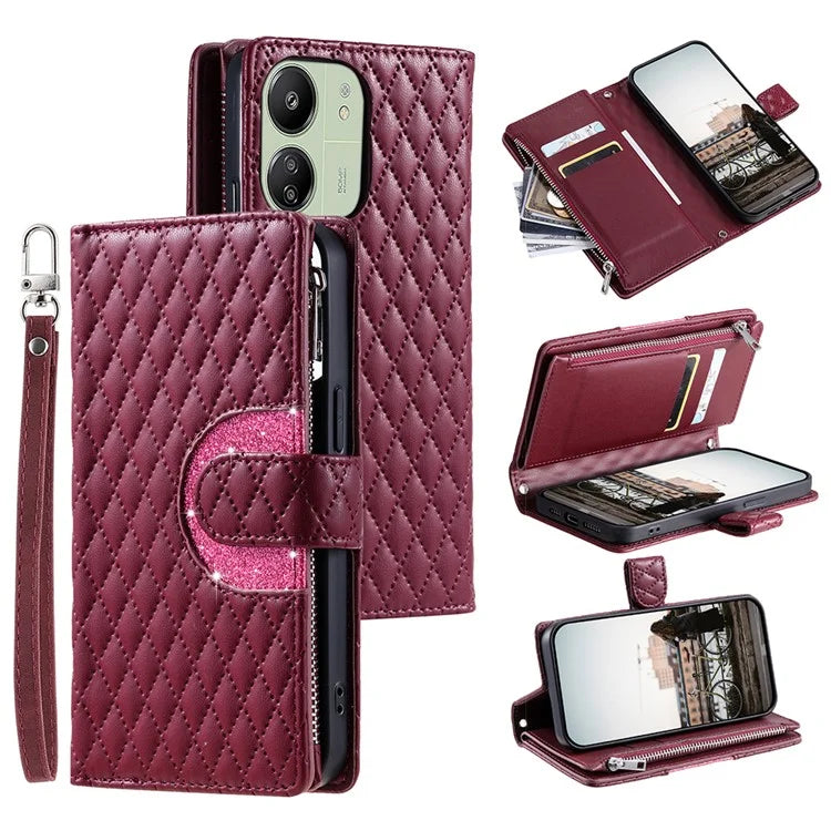 Style 012 for Xiaomi Redmi 13C 4G / 13C 5G / 13R 5G / Poco M6 5G / Poco C65 4G Case Glitter Design Wallet Phone Cover with Wrist Strap