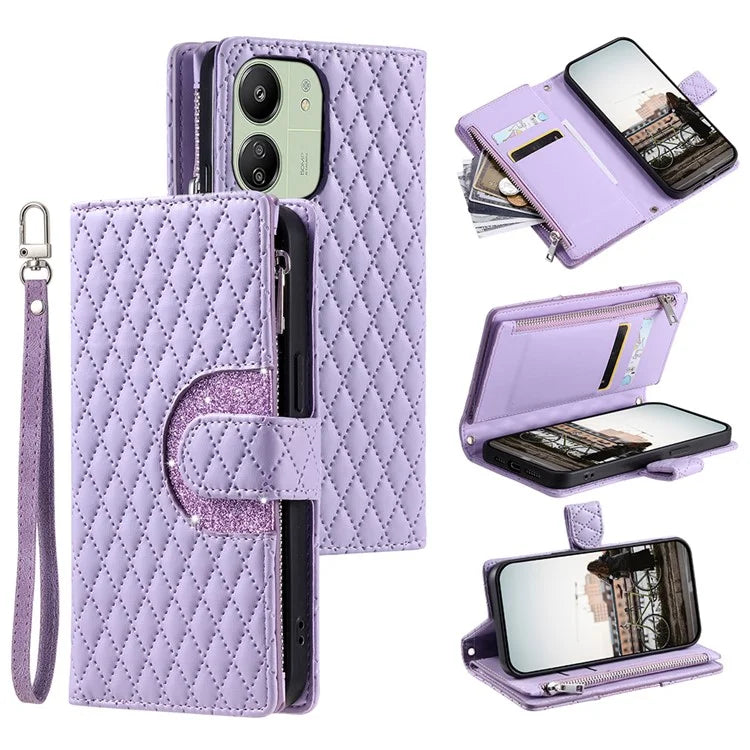 Style 012 for Xiaomi Redmi 13C 4G / 13C 5G / 13R 5G / Poco M6 5G / Poco C65 4G Case Glitter Design Wallet Phone Cover with Wrist Strap