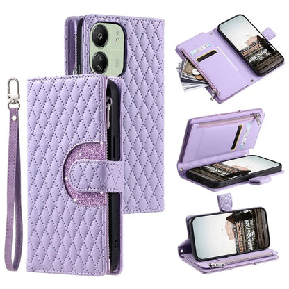 Style 012 for Xiaomi Redmi 13C 4G / 13C 5G / 13R 5G / Poco M6 5G / Poco C65 4G Case Glitter Design Wallet Phone Cover with Wrist Strap