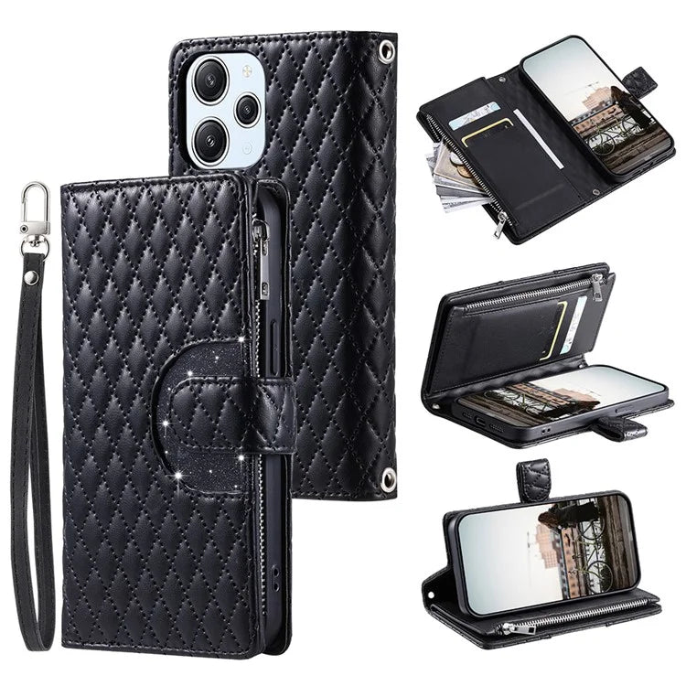 Style 012 for Xiaomi Redmi 12 4G / 5G (Global) / Poco M6 Pro 5G Case Rhombus Zipper Leather Phone Cover
