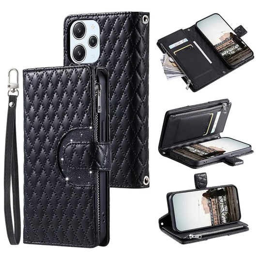 Style 012 for Xiaomi Redmi 12 4G / 5G (Global) / Poco M6 Pro 5G Case Rhombus Zipper Leather Phone Cover