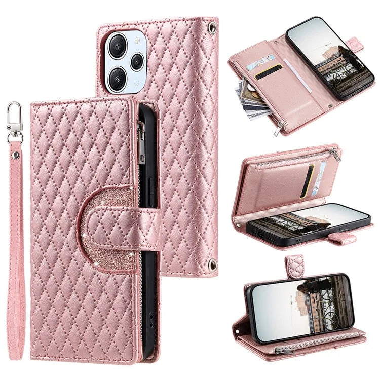 Style 012 for Xiaomi Redmi 12 4G / 5G (Global) / Poco M6 Pro 5G Case Rhombus Zipper Leather Phone Cover