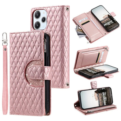 Style 012 for Xiaomi Redmi 12 4G / 5G (Global) / Poco M6 Pro 5G Case Rhombus Zipper Leather Phone Cover