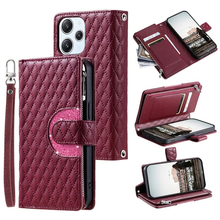 Style 012 for Xiaomi Redmi 12 4G / 5G (Global) / Poco M6 Pro 5G Case Rhombus Zipper Leather Phone Cover