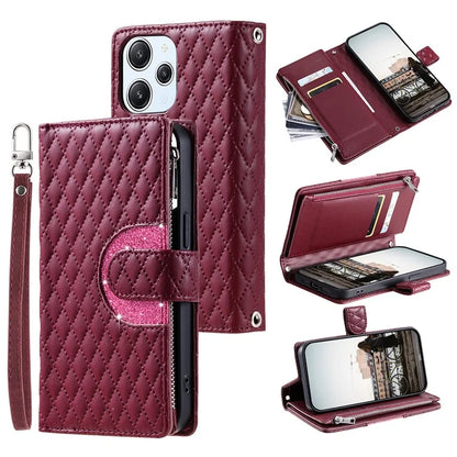 Style 012 for Xiaomi Redmi 12 4G / 5G (Global) / Poco M6 Pro 5G Case Rhombus Zipper Leather Phone Cover