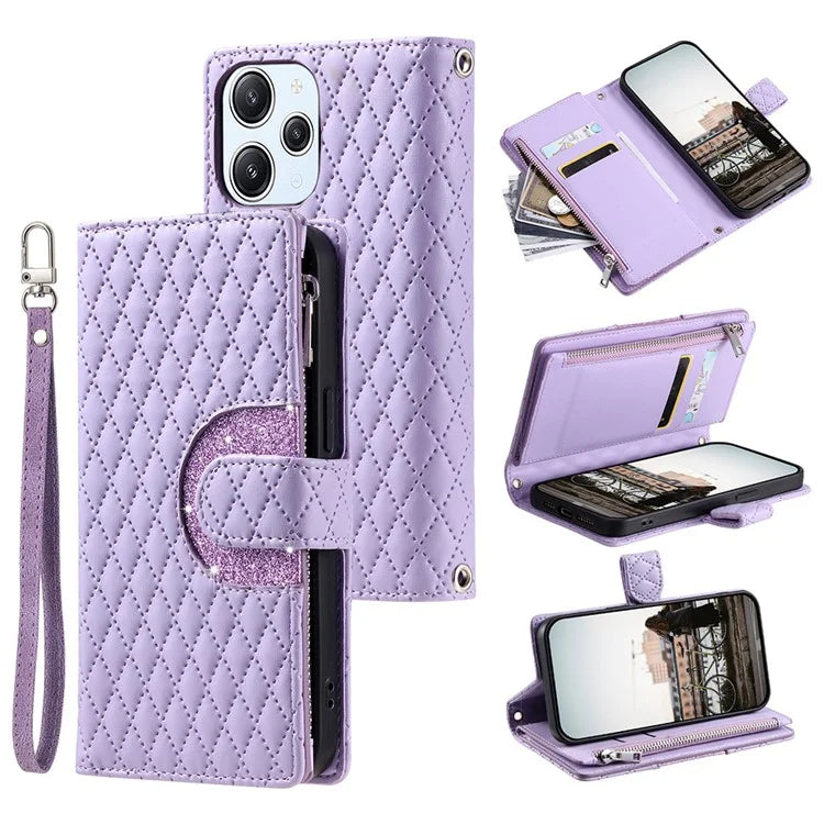 Style 012 for Xiaomi Redmi 12 4G / 5G (Global) / Poco M6 Pro 5G Case Rhombus Zipper Leather Phone Cover