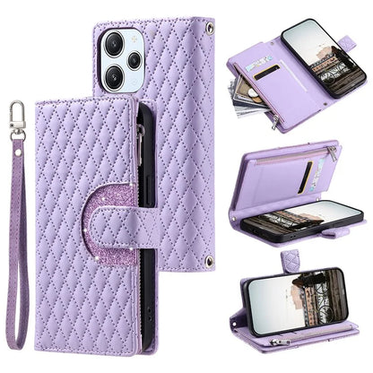Style 012 for Xiaomi Redmi 12 4G / 5G (Global) / Poco M6 Pro 5G Case Rhombus Zipper Leather Phone Cover