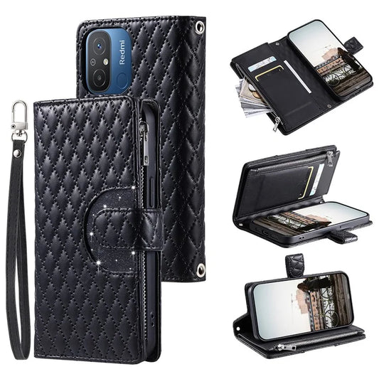 Style 012 for Xiaomi Redmi 12C 4G / 11A 4G Case Glitter PU Leather Zipper Pocket Phone Cover