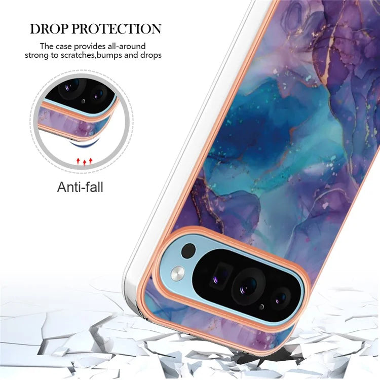 YB IMD Series-16 Style-E For Google Pixel 9 / Pixel 9 Pro TPU Marble Pattern Case Electroplating Edge Phone Cover