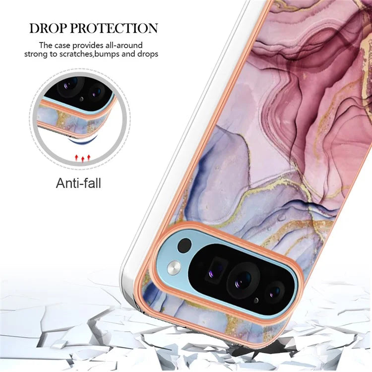 YB IMD Series-16 Style-E For Google Pixel 9 / Pixel 9 Pro TPU Marble Pattern Case Electroplating Edge Phone Cover Gold