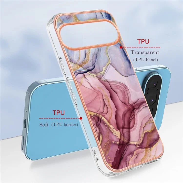 YB IMD Series-16 Style-E For Google Pixel 9 / Pixel 9 Pro TPU Marble Pattern Case Electroplating Edge Phone Cover Gold