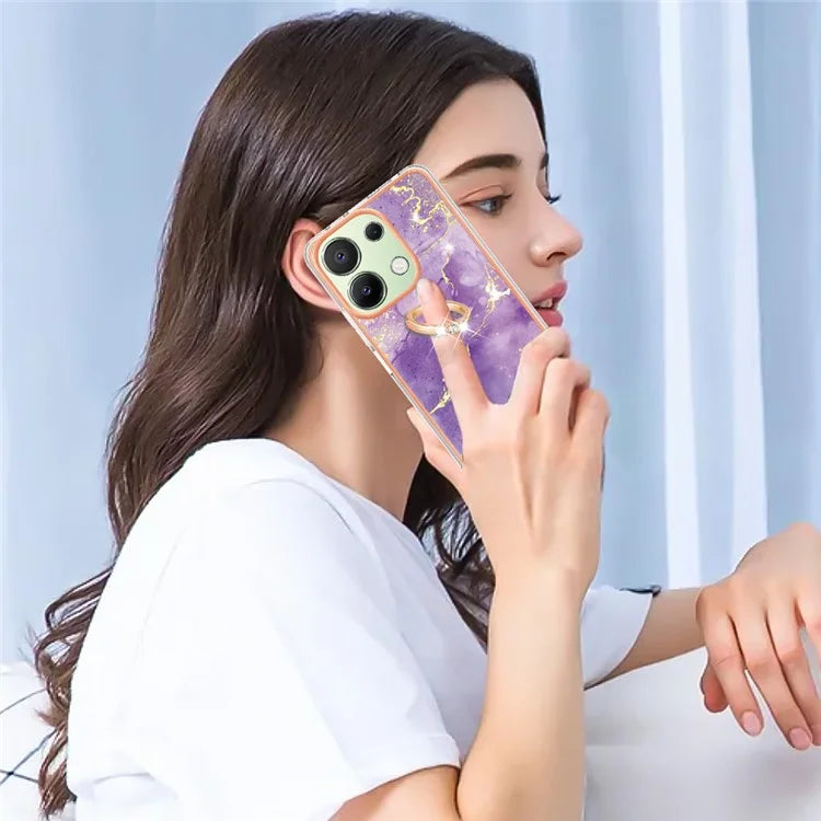 YB IMD Series-10 For Xiaomi Redmi Note 13 4G TPU Phone Case Marble Pattern Shell with Kickstand