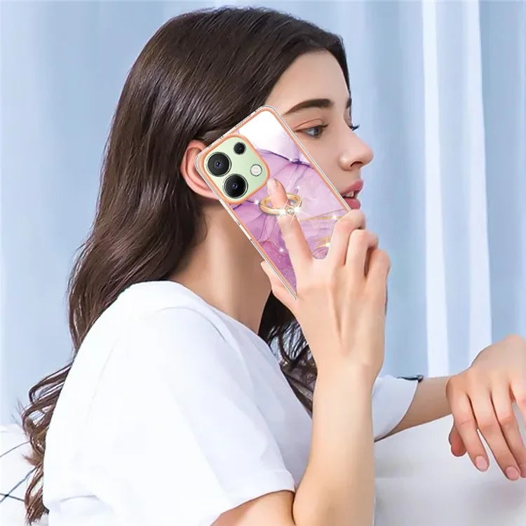 YB IMD Series-10 For Xiaomi Redmi Note 13 4G TPU Phone Case Marble Pattern Shell with Kickstand
