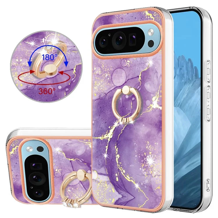 YB IMD Series-10 For Google Pixel 9 / Pixel 9 Pro Case Marble Pattern TPU Phone Shell with Kickstand