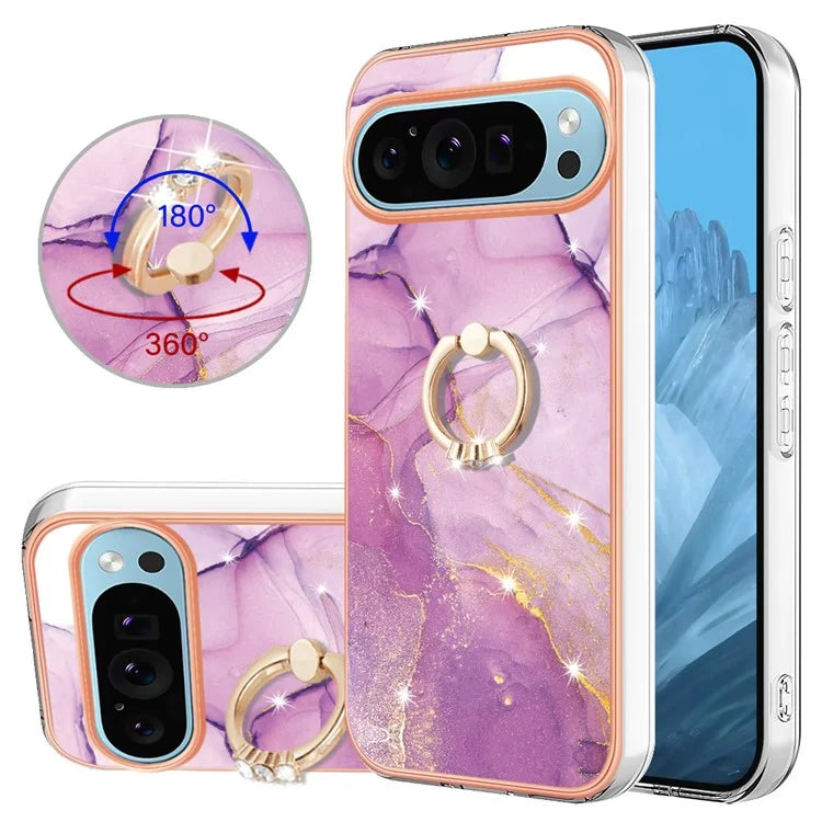 YB IMD Series-10 For Google Pixel 9 / Pixel 9 Pro Case Marble Pattern TPU Phone Shell with Kickstand