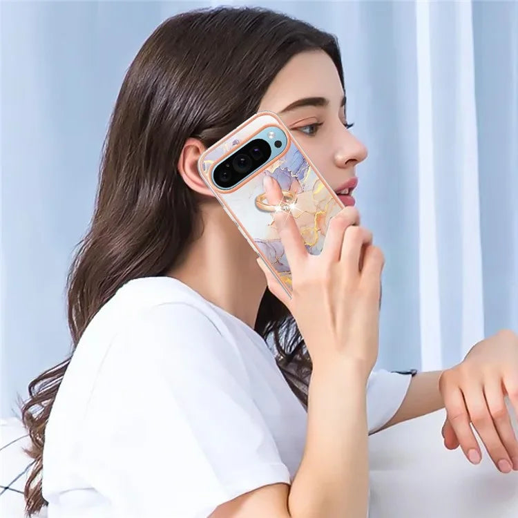 YB IMD Series-6 For Google Pixel 9 / Pixel 9 Pro Kickstand Case IMD Pattern Electroplating TPU Phone Cover