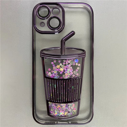 Anti-Drop Phone Cover for iPhone 14 Glittering Quicksand TPU Case Built-In Glass Lens Film