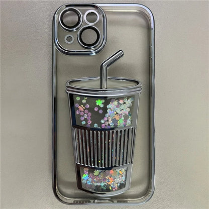 Anti-Drop Phone Cover for iPhone 14 Glittering Quicksand TPU Case Built-In Glass Lens Film