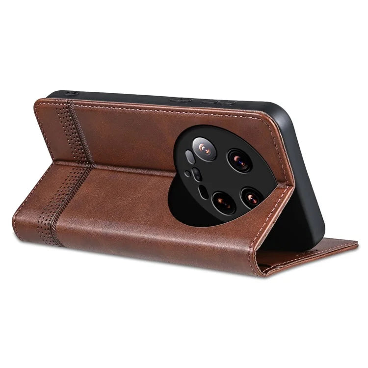 AZNS For Xiaomi 14 Ultra Leather Case Cowhide Texture Stand Wallet Phone Cover