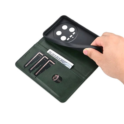 AZNS For Xiaomi 14 Ultra Leather Case Cowhide Texture Stand Wallet Phone Cover