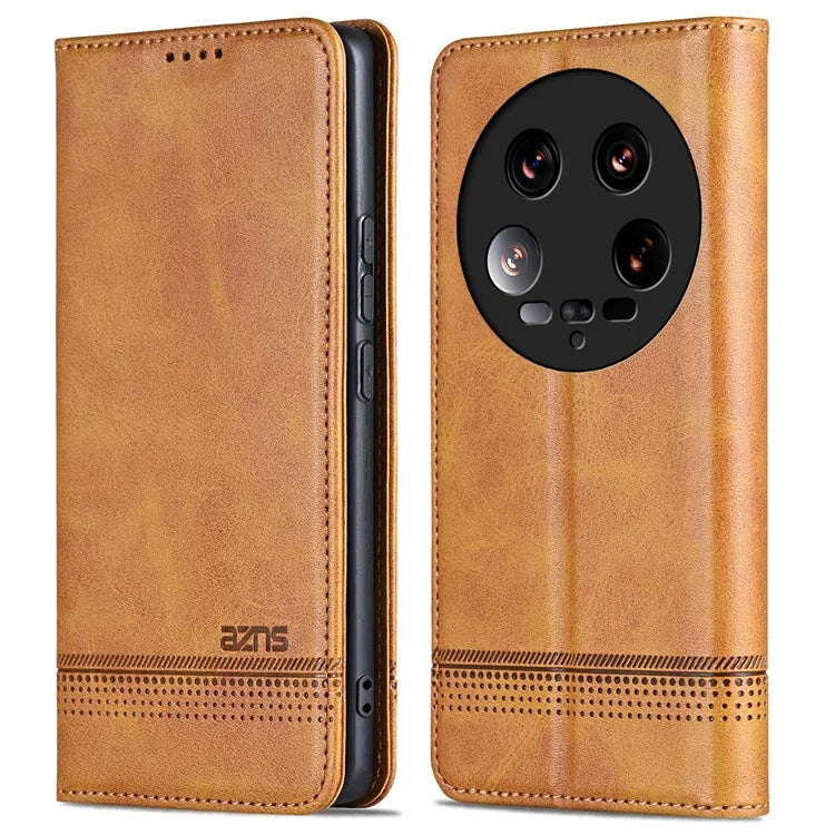 AZNS For Xiaomi 14 Ultra Leather Case Cowhide Texture Stand Wallet Phone Cover