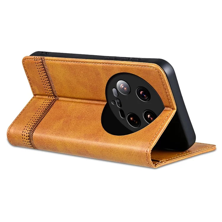 AZNS For Xiaomi 14 Ultra Leather Case Cowhide Texture Stand Wallet Phone Cover