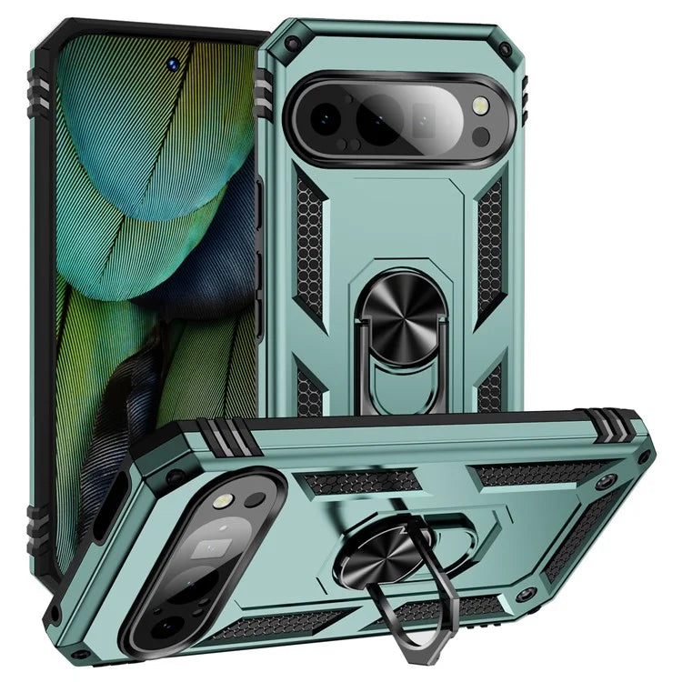 For Google Pixel 9 / Pixel 9 Pro Case Scratch-Proof PC+TPU Kickstand Phone Coverish Green