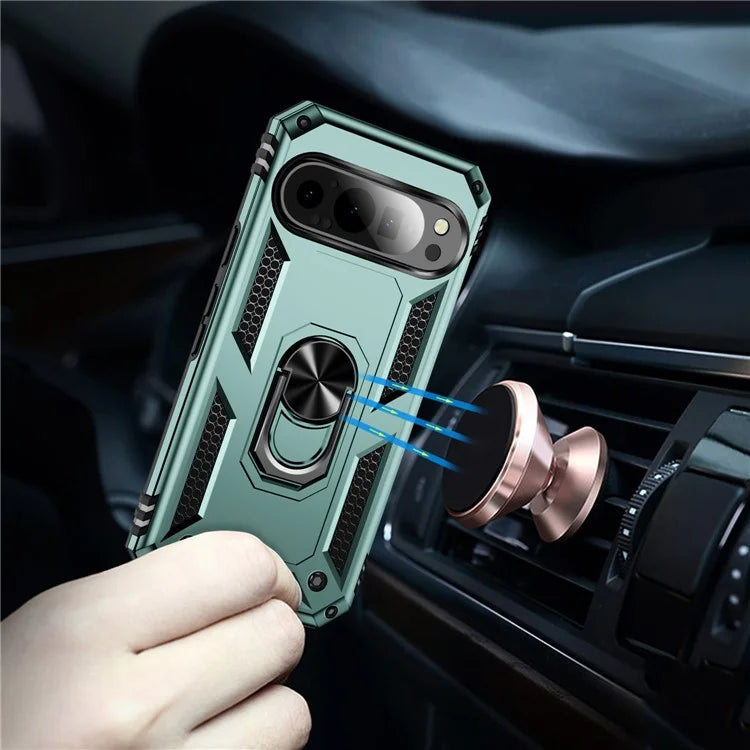 For Google Pixel 9 / Pixel 9 Pro Case Scratch-Proof PC+TPU Kickstand Phone Coverish Green