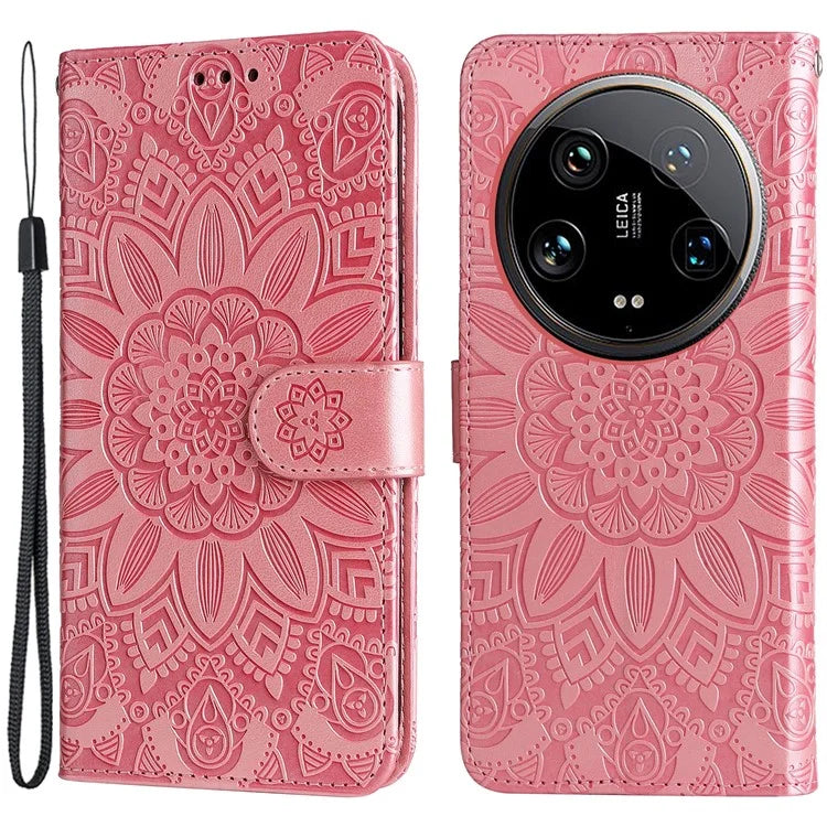 For Xiaomi 14 Ultra Case Imprinted PU Leather Stand Phone Cover with Wrist Strap