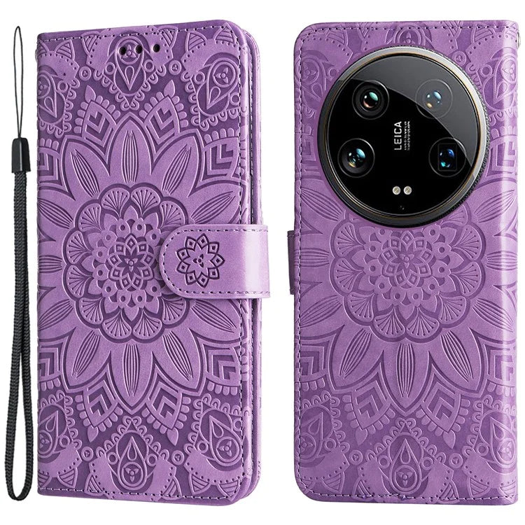For Xiaomi 14 Ultra Case Imprinted PU Leather Stand Phone Cover with Wrist Strap